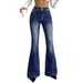 Women's High Waist Double Button Flared Jeans L1052 American Style Dark Blue Washed Slim Fit Floor Length Elastic Pants_mkmklike.com
