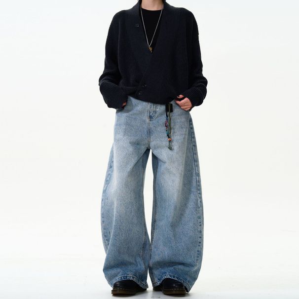 Men’s Washed Blue Vintage Jeans – Retro Baggy Straight Leg Denim Pants For Streetwear & Casual Outfits_mkmklike.com