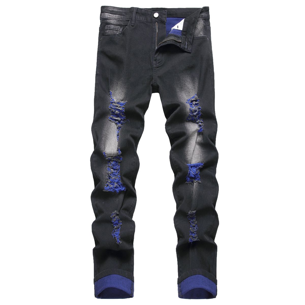 Men's Black Ripped Denim Jeans Mid-Waist Wide Leg Pants Non-Stretch Cotton North American Export Style Amazon Collection_mkmklike.com