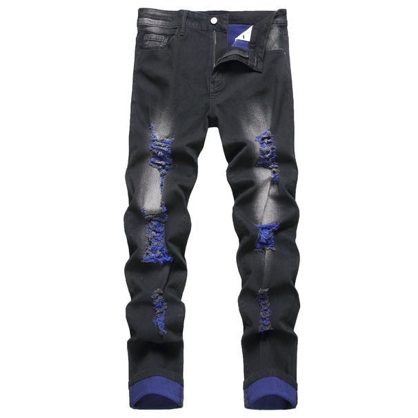 Men's Black Ripped Denim Jeans Mid-Waist Wide Leg Pants Non-Stretch Cotton North American Export Style Amazon Collection_mkmklike.com