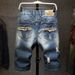 Pure European Brand Denim Shorts Personality Trendy Ripped Patch Loose Straight Five-Point Mid-Length Export Men's Pants_mkmklike.com
