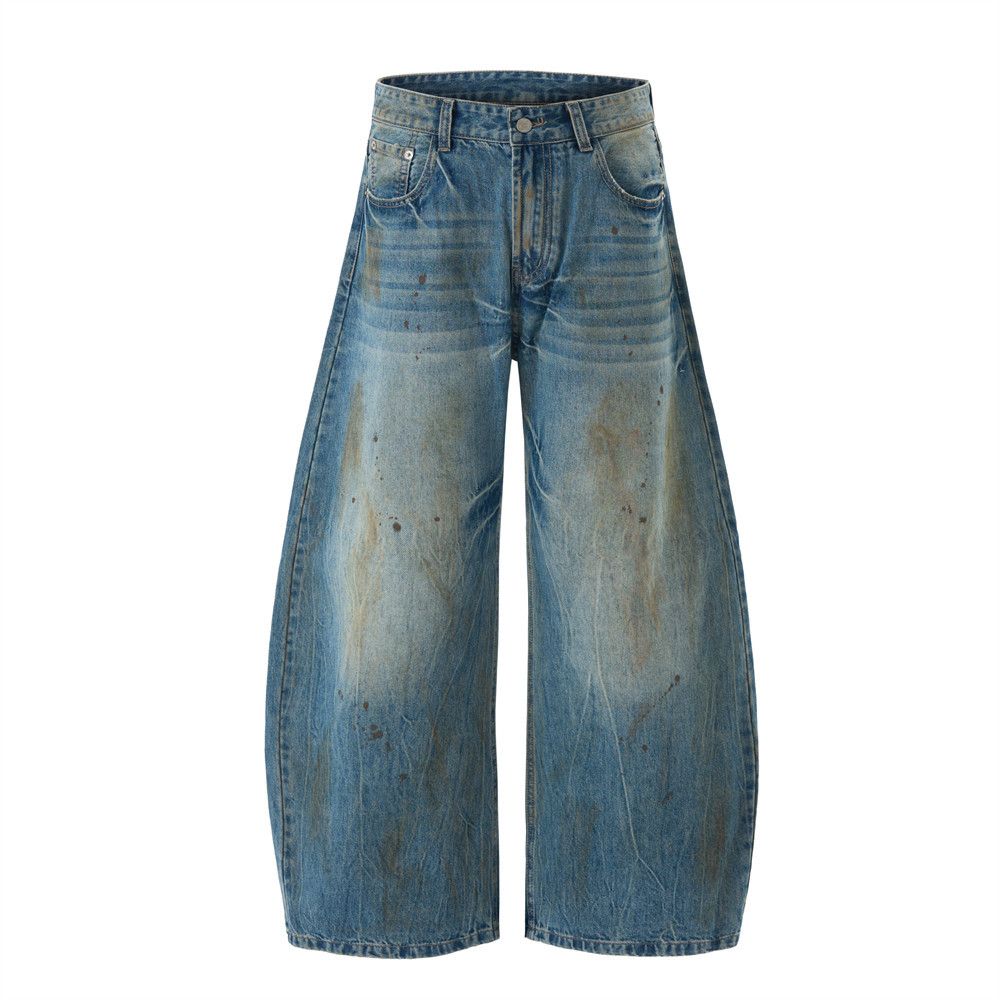 Wasteland Style Ink Splash Vintage Dirty Scimitar Jeans Men's Street Fashion Niche Loose Washed White Wide-Leg Pants_mkmklike.com