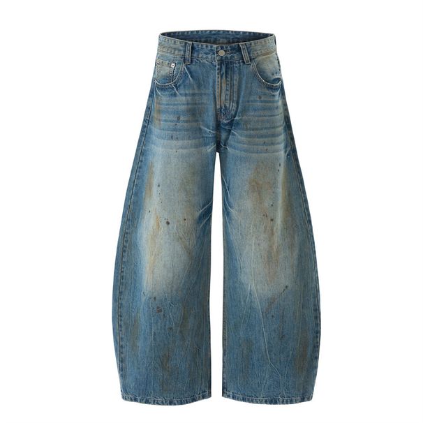 Wasteland Style Ink Splash Vintage Dirty Scimitar Jeans Men's Street Fashion Niche Loose Washed White Wide-Leg Pants_mkmklike.com