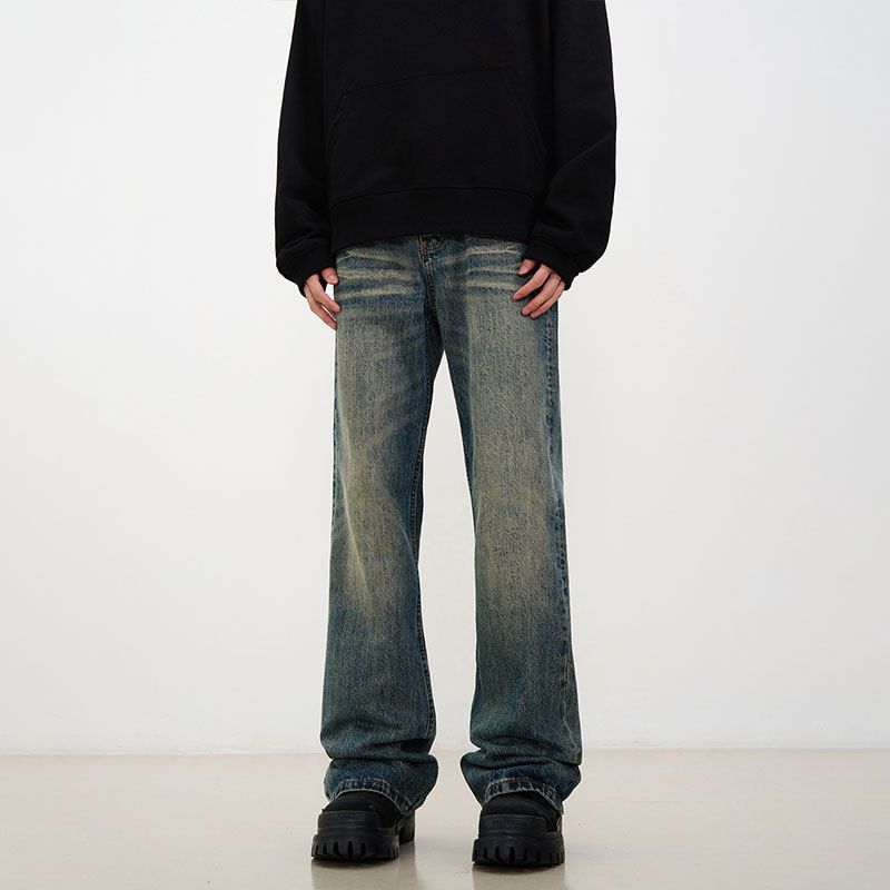 Men's Vintage Washed Distressed Jeans – Retro High Street Style, Straight Leg With Slight Flare (S-XXL)_mkmklike.com