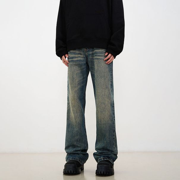 Men's Vintage Washed Distressed Jeans – Retro High Street Style, Straight Leg With Slight Flare (S-XXL)_mkmklike.com