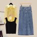 Chicco Plus Size Women's Autumn New Set Stylish Shirt Camisole Slimming Denim Skirt Three-Piece Trendy Outfit_mkmklike.com