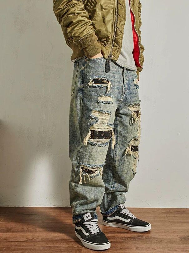 American Heavy Retro Jeans Men's Loose Straight Cone High Street Trend Old Ripped Pants Men's Autumn And Winter_mkmklike.com