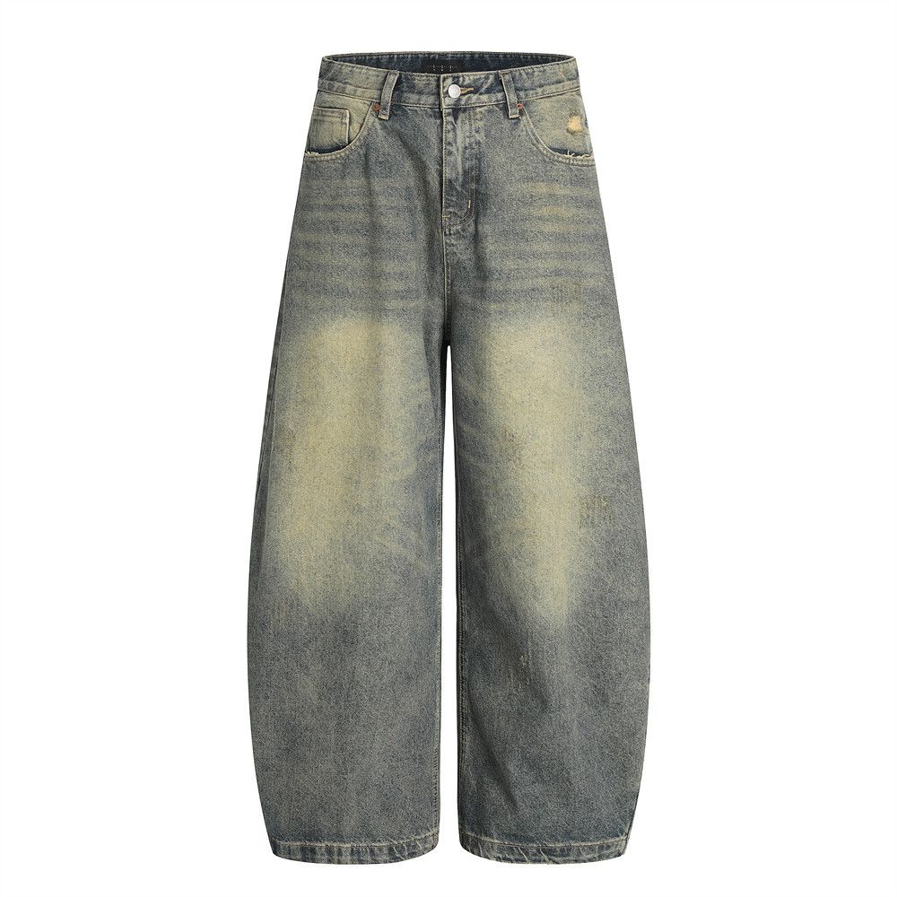 Punk Wasteland Washed Denim Scimitar Niche Trend Distressed Ripped Wide-Leg Banana Men's Long Pants_mkmklike.com
