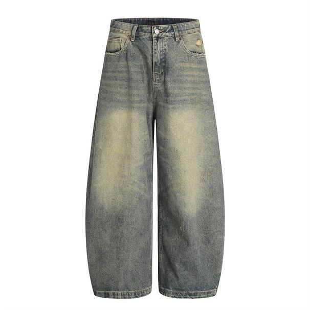 Punk Wasteland Washed Denim Scimitar Niche Trend Distressed Ripped Wide-Leg Banana Men's Long Pants_mkmklike.com