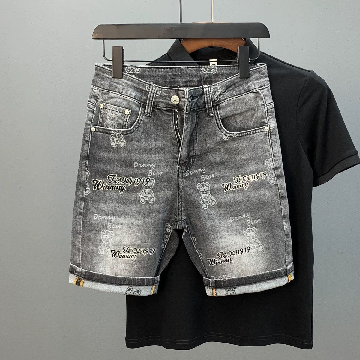 Men's Clothing Trendy All Over Print Denim Shorts Rhinestone Hot Fix Stretchy Five Point Hip Hop Style Summer New_mkmklike.com