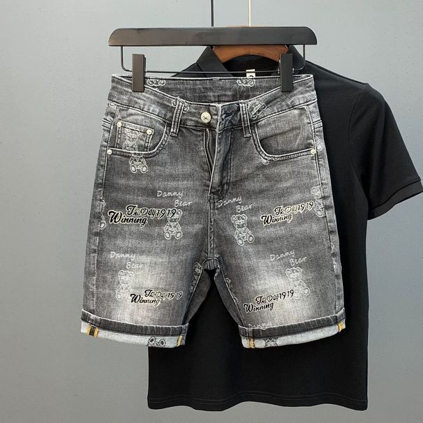Men's Clothing Trendy All Over Print Denim Shorts Rhinestone Hot Fix Stretchy Five Point Hip Hop Style Summer New_mkmklike.com