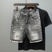 Men's Clothing Trendy All Over Print Denim Shorts Rhinestone Hot Fix Stretchy Five Point Hip Hop Style Summer New_mkmklike.com