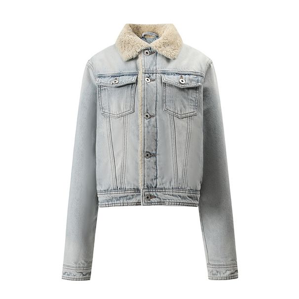 Denim Jackets & Coats Plaid Lined Thick Lambswool Quilted Denim Jacket Washed Cotton Autumn Winter 5023 Women_mkmklike.com