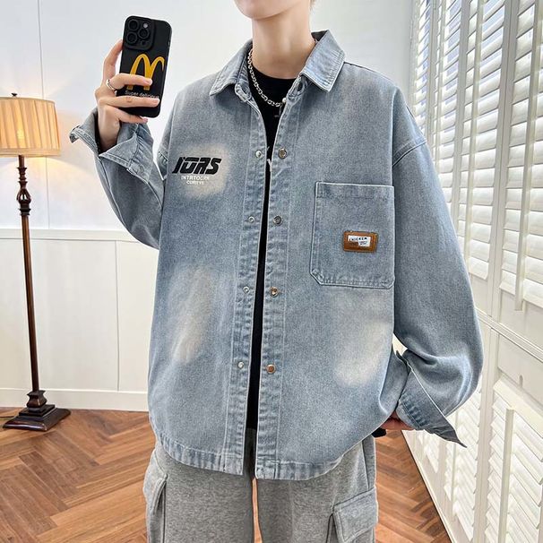 Men's Denim Collar For Spring Autumn, Teenage Student Shirt, Loose And Thin, Trendy Long Sleeved Shirt Jacket_mkmklike.com