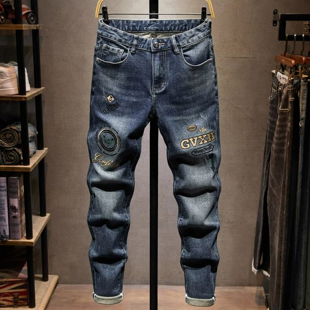 Men's Premium Embroidered Jeans - Slim Fit Stretch Denim Pants With Lettering Design, Luxury Streetwear For Fall & Winter (Blue, Size 28-36)_mkmklike.com