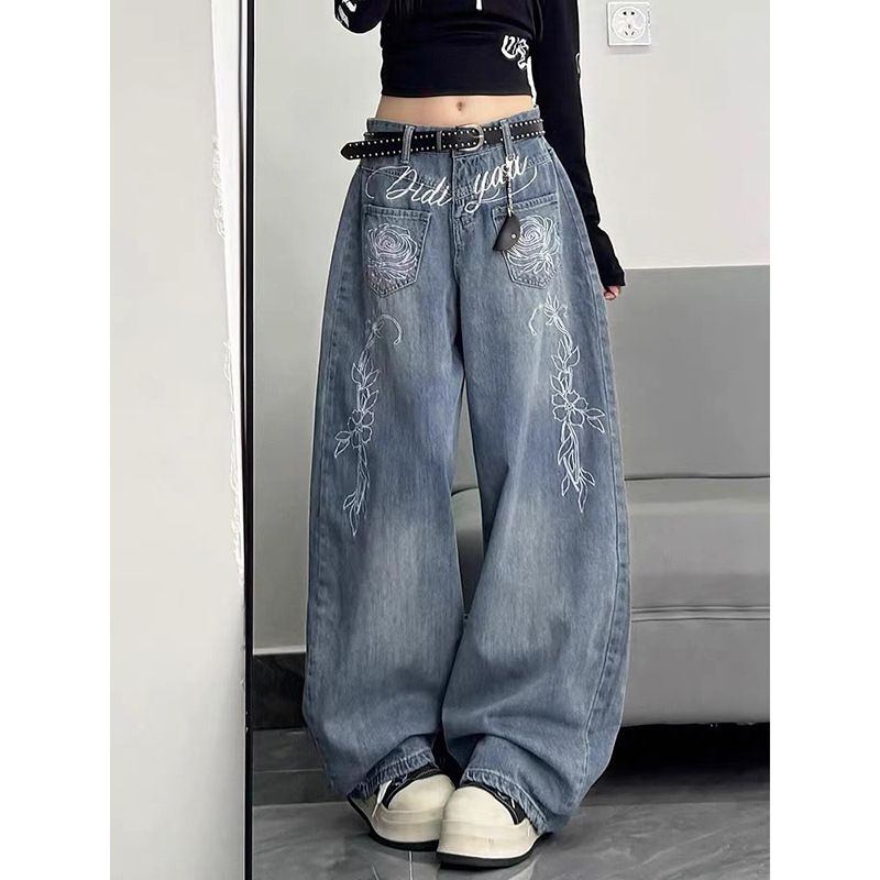 Women's Sweet Cool Embroidered Curved Blade Jeans Loose Fit Slimming Wide Leg Floor Length Trousers Autumn Design_mkmklike.com
