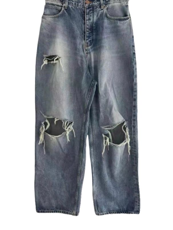 Men's Vintage Washed Distressed Knee-Slit Straight Leg Jeans Streetwear Style Denim Pants With Ripped Details_mkmklike.com