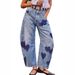 Women's Casual Loose Fit Mid-Rise Straight Leg Printed Jeans - Floral & Star Patterns (Blue Love, Vintage Blue, Star) - S-Xxl_mkmklike.com