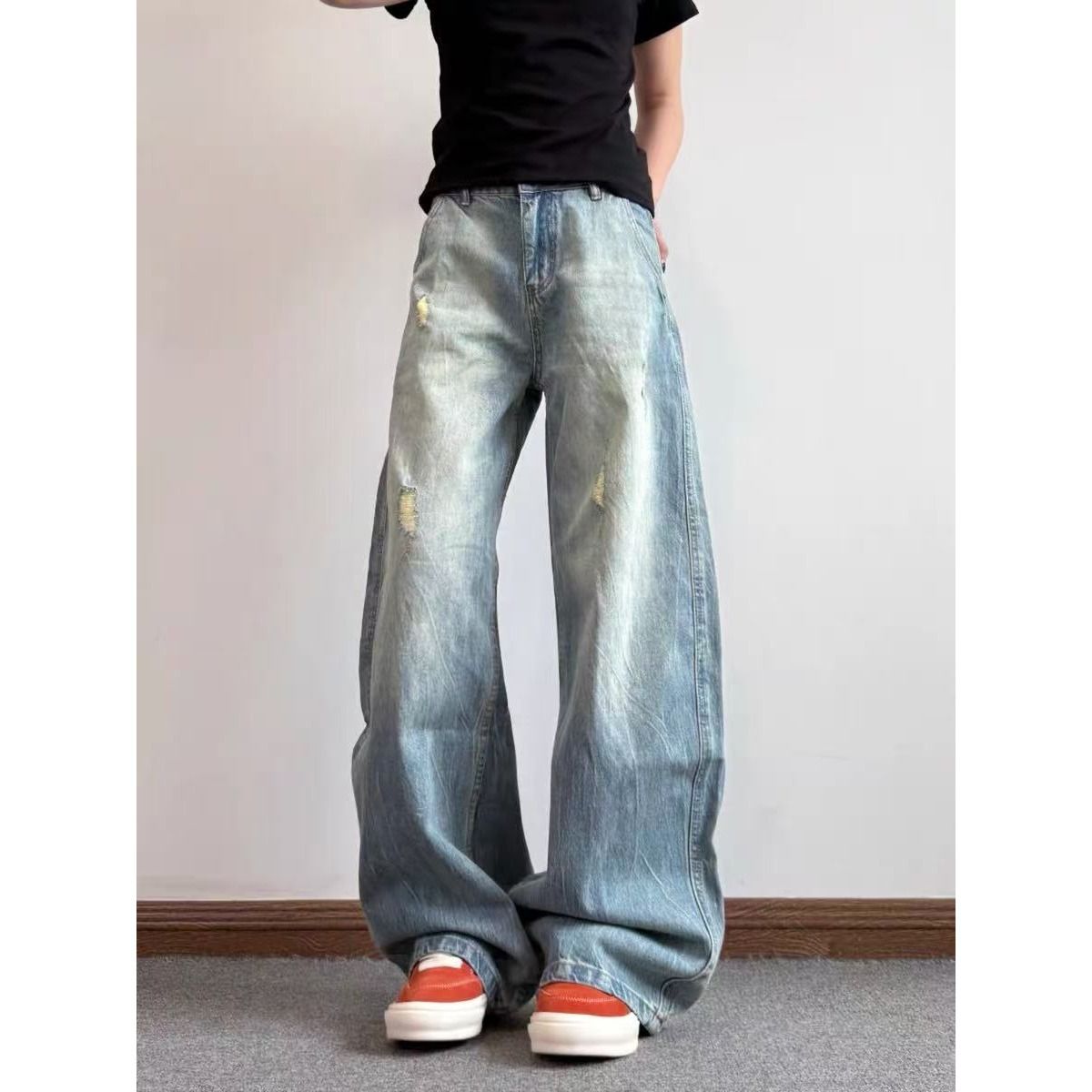 Men's Summer High Quality Ripped Straight Leg Jeans Loose Fitting Casual Retro Trendy Wide Leg Trousers_mkmklike.com