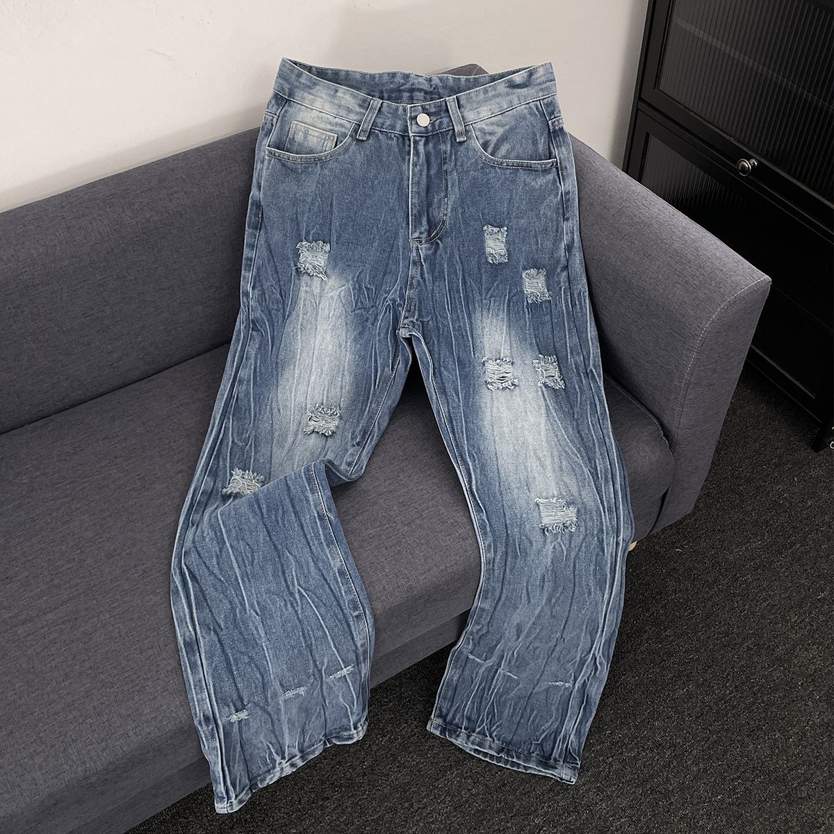 Summer Thin Ripped Jeans Men's Straight Retro Casual Fashion Brand American High Street Trend Washed Cool Pants_mkmklike.com