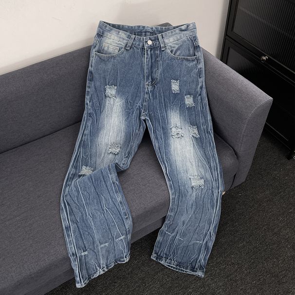 Summer Thin Ripped Jeans Men's Straight Retro Casual Fashion Brand American High Street Trend Washed Cool Pants_mkmklike.com