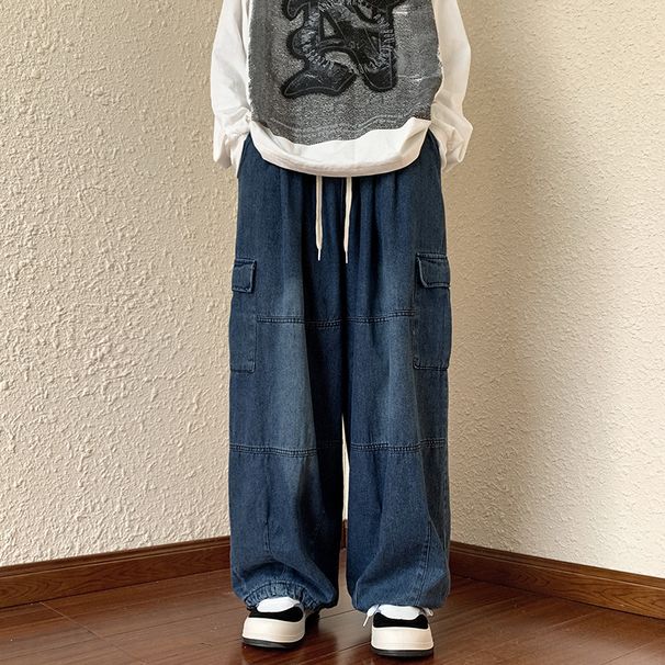 Men's American Retro Workwear Jeans Loose Straight Leg Wide Leg Pants Drapey Lantern Style for Spring Autumn Winter_mkmklike.com