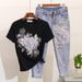 Women's Clothing Denim Suit Summer Beaded Embroidered Three Dimensional Flower Short Sleeved T Shirt Ripped Nine Point Jeans_mkmklike.com