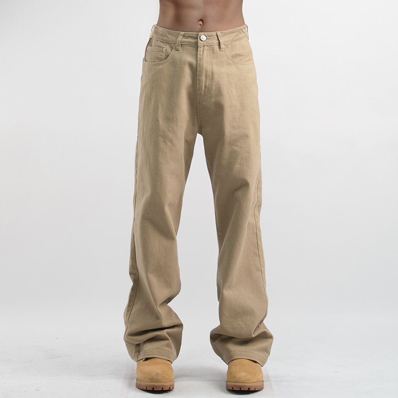 Men's Retro Khaki Casual Workwear Washed Jeans Loose Straight Leg Mid Waist Long Cotton Pants Carhartt Style_mkmklike.com
