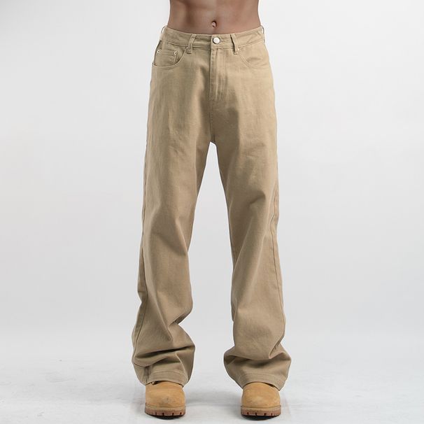 Men's Retro Khaki Casual Workwear Washed Jeans Loose Straight Leg Mid Waist Long Cotton Pants Carhartt Style_mkmklike.com