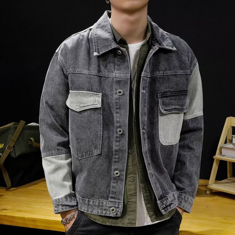 Color Blocked Workwear, Denim Jacket, Retro Top Jacket, Teenage Trendy Brand, Cool Denim Jacket_mkmklike.com