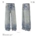 Men's Baggy Washed Distressed Jeans With Cat Whisker Design - Loose Fit Straight Leg Casual Denim Pants_mkmklike.com