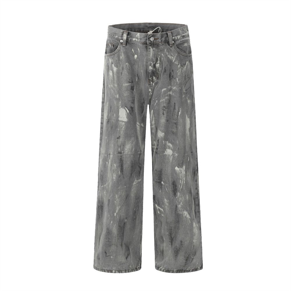 Ink Tie-Dye Jeans For Men Loose Wide-Leg American High Street Design Sense Niche Casual Straight-Leg Trousers Long Pants_mkmklike.com