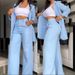 Women's Clothing Elegant Solid Color Split Sleeve Lapel Suit Pocket Straight Pants Suit_mkmklike.com
