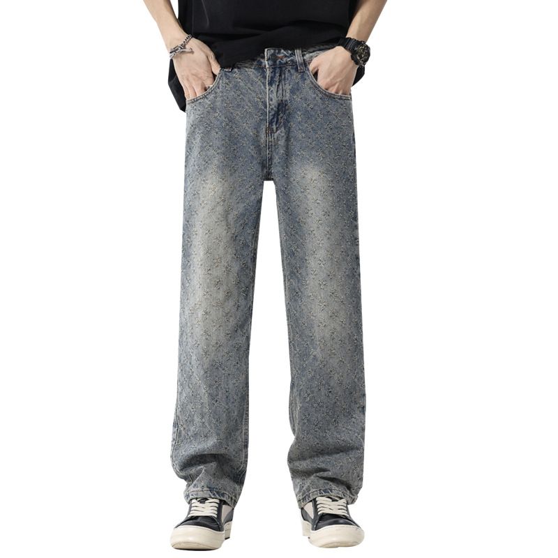 Retro Jacquard Jeans – Streetwear Distressed Denim With All-Over Vintage Print (Classic Straight Fit, Washed Indigo, Unisex Oversized Silhouette)_mkmklike.com