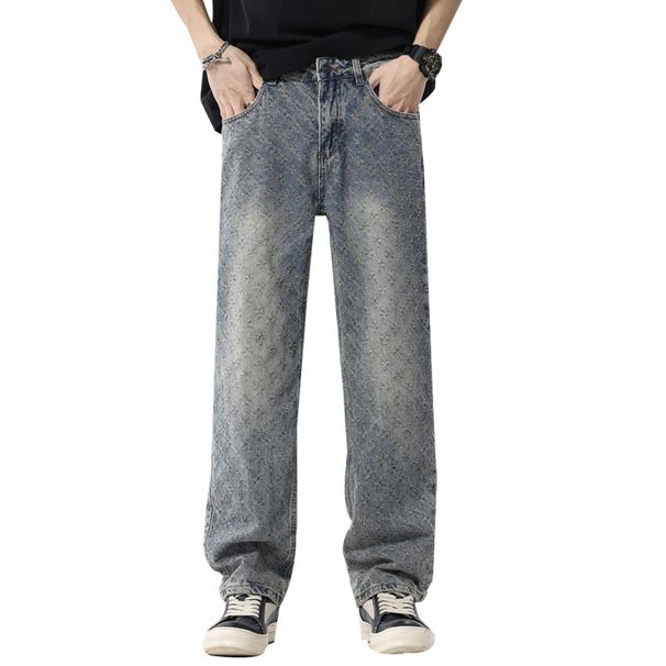 Retro Jacquard Jeans – Streetwear Distressed Denim With All-Over Vintage Print (Classic Straight Fit, Washed Indigo, Unisex Oversized Silhouette)_mkmklike.com