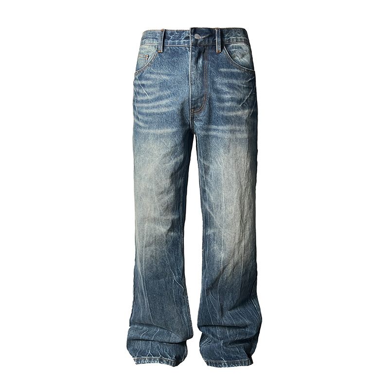 Men's Clothing Retro Dark Blue Lightning Cracked Jeans For Men And Women Loose Wide Leg Pants Washed Straight Flared Pants_mkmklike.com