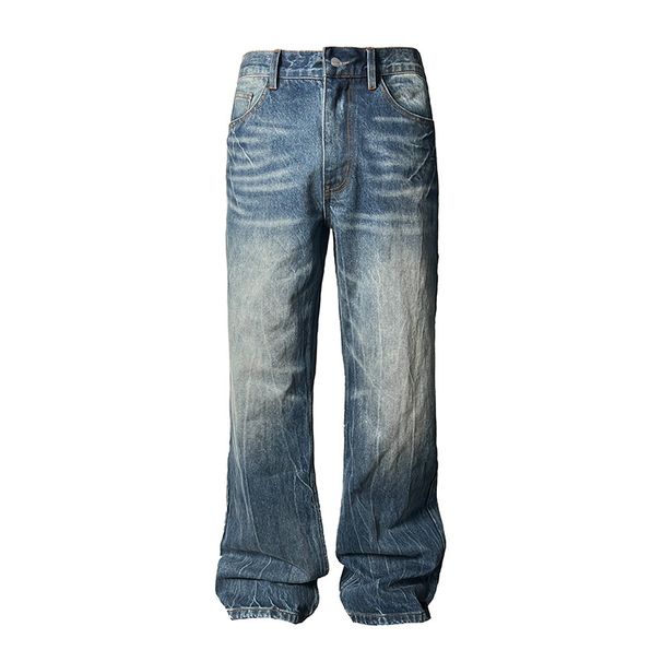 Men's Clothing Retro Dark Blue Lightning Cracked Jeans For Men And Women Loose Wide Leg Pants Washed Straight Flared Pants_mkmklike.com
