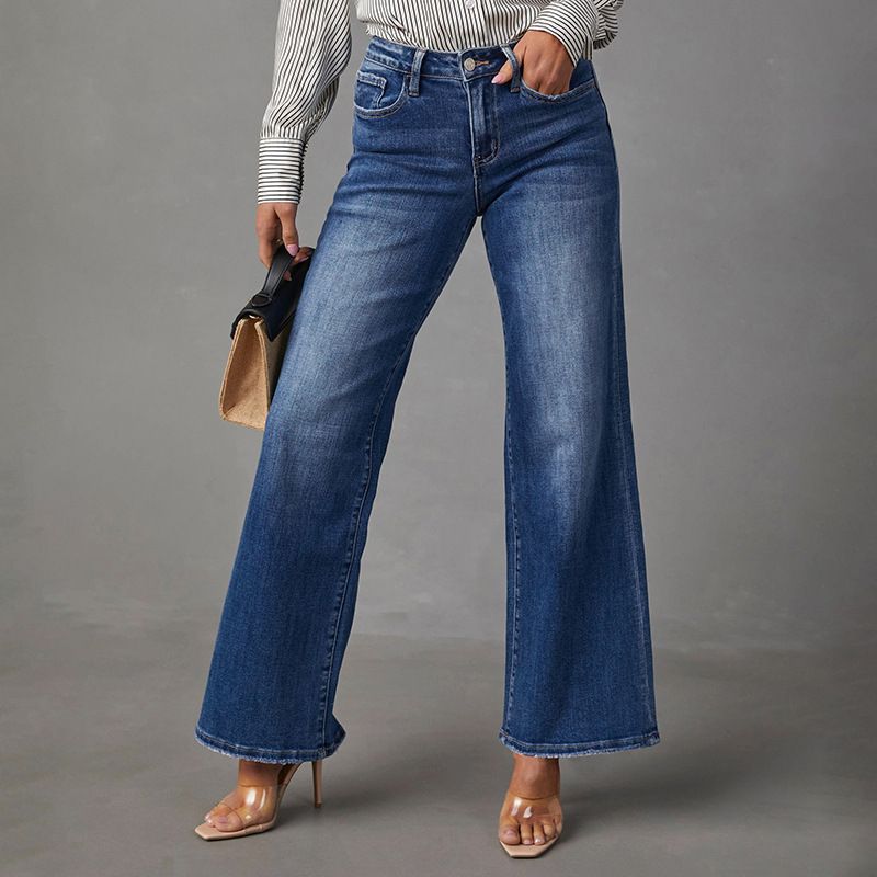 Jeans Women Straight Long Pants Casual Floor Length Mom Pant Blue High Waist Elegant Splice Pockets Slim Y2k Denim Trousers_mkmklike.com