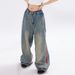 Three Stripes Loose Wide-Leg Jeans Unisex Trendy Punk Vintage Washed Ribbon Patchwork Striped Straight Long Pants_mkmklike.com