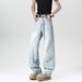 American High Street Washed Light Blue Scratch Slightly Flared Jeans For Men's Spring Summer Trendy Brands, Rugged And_mkmklike.com