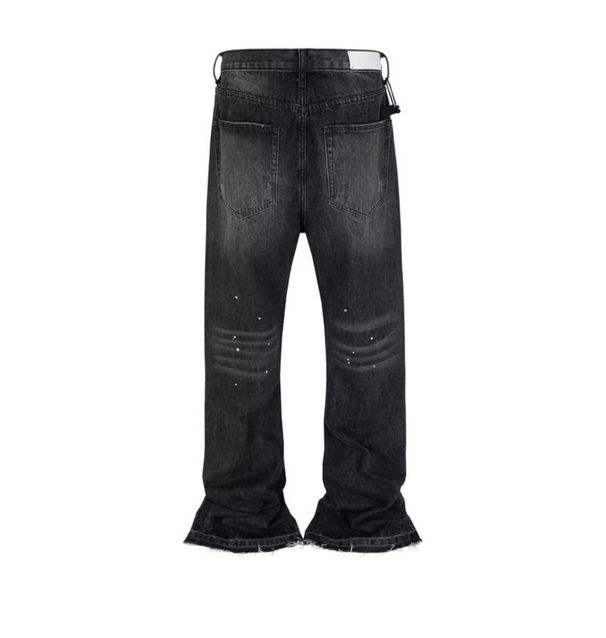 American Street Style Washed Distressed Black Blue Straight Leg Slightly Flared Ink Splash Clean Jeans_mkmklike.com
