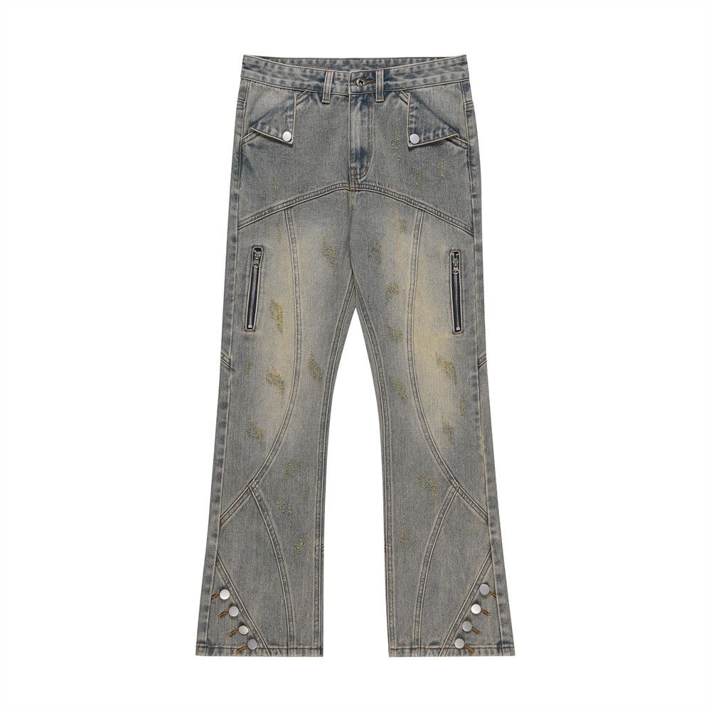 Street Fashion Niche Design Patchwork Distressed Denim Men's Frayed Flared Pants Vintage Hip Hop Punk_mkmklike.com