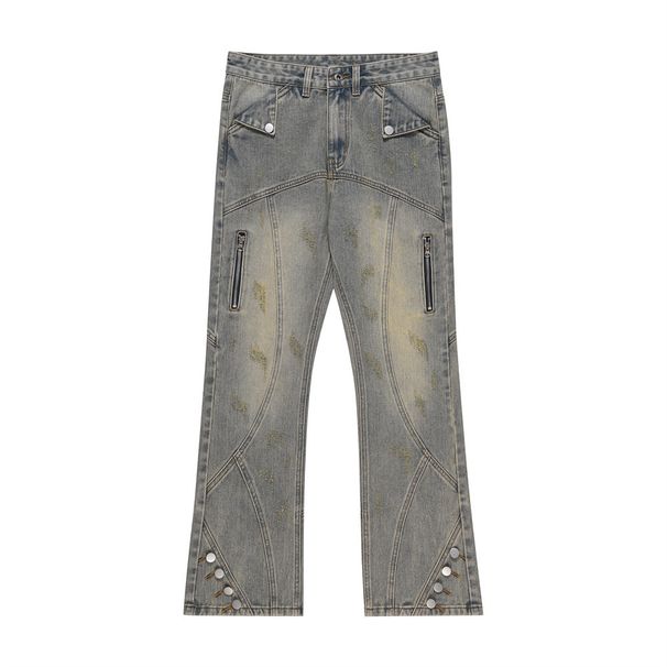 Street Fashion Niche Design Patchwork Distressed Denim Men's Frayed Flared Pants Vintage Hip Hop Punk_mkmklike.com