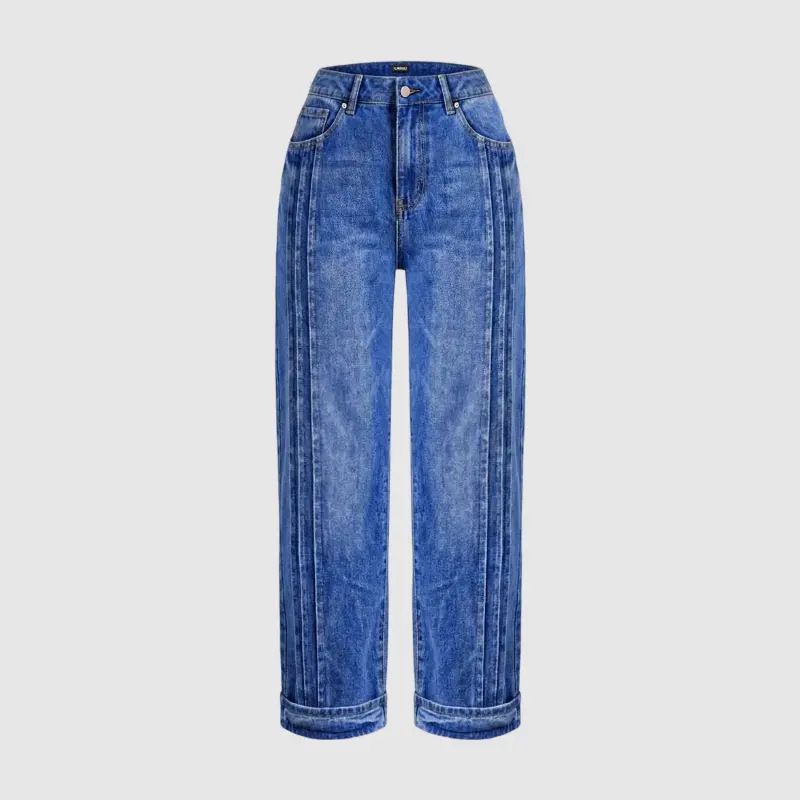 Men's Washed Blue Straight Leg Jeans With Line Details - Low Rise Relaxed Fit Denim Trousers For Casual Wear_mkmklike.com