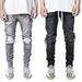 Men's Slim Fit Stretch Denim Jeans - Ripped Black & Grey Skinny Pants For Streetwear & Motorcycle Style_mkmklike.com