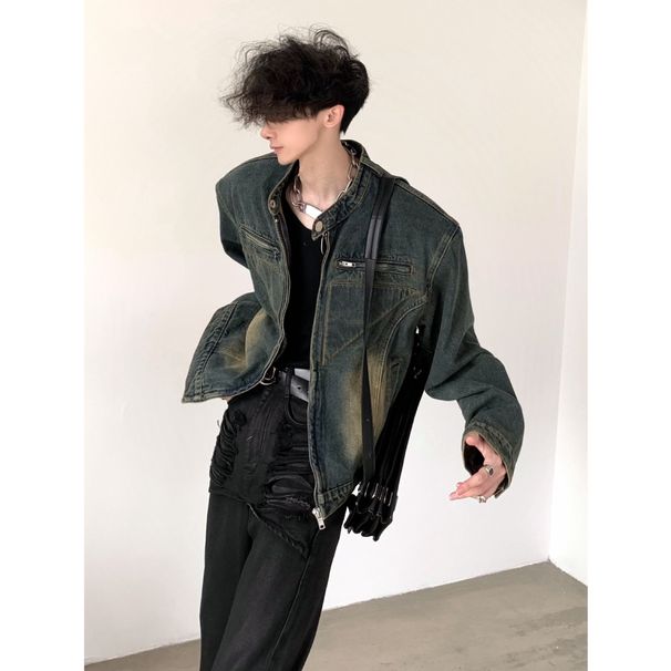 Shoulder Pad Stand Up Collar Denim Jacket Short Denim Jacket_mkmklike.com