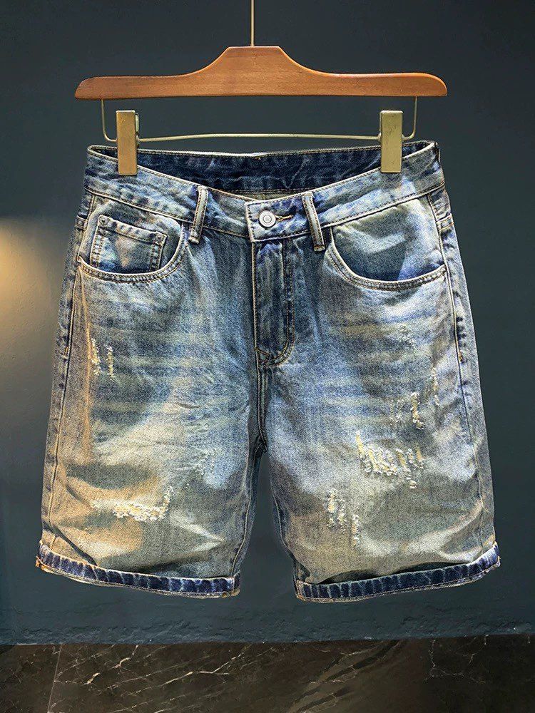 Men's Clothing Men's Style Casual Loose Fit Summer Shorts Thin Five Point Denim Distressed Washed Ripped Mid Length With Rolled Hem_mkmklike.com