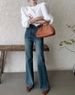 High-Waisted Flared Jeans For Women – Vintage Washed Denim With Metal Accents (Blue, Classic Fit)_mkmklike.com