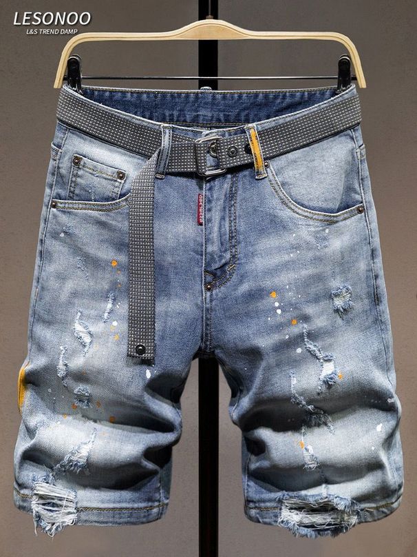 Men's Light Color Graffiti Denim Capri Shorts Stretchy Slim Fit Ripped Distressed mid Length Trendy Summer Versatile Jeans_mkmklike.com