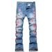 Men's Trendy Slim Fit Embroidered Ripped Flared Jeans High Street Style Washed Blue Trousers New Style_mkmklike.com
